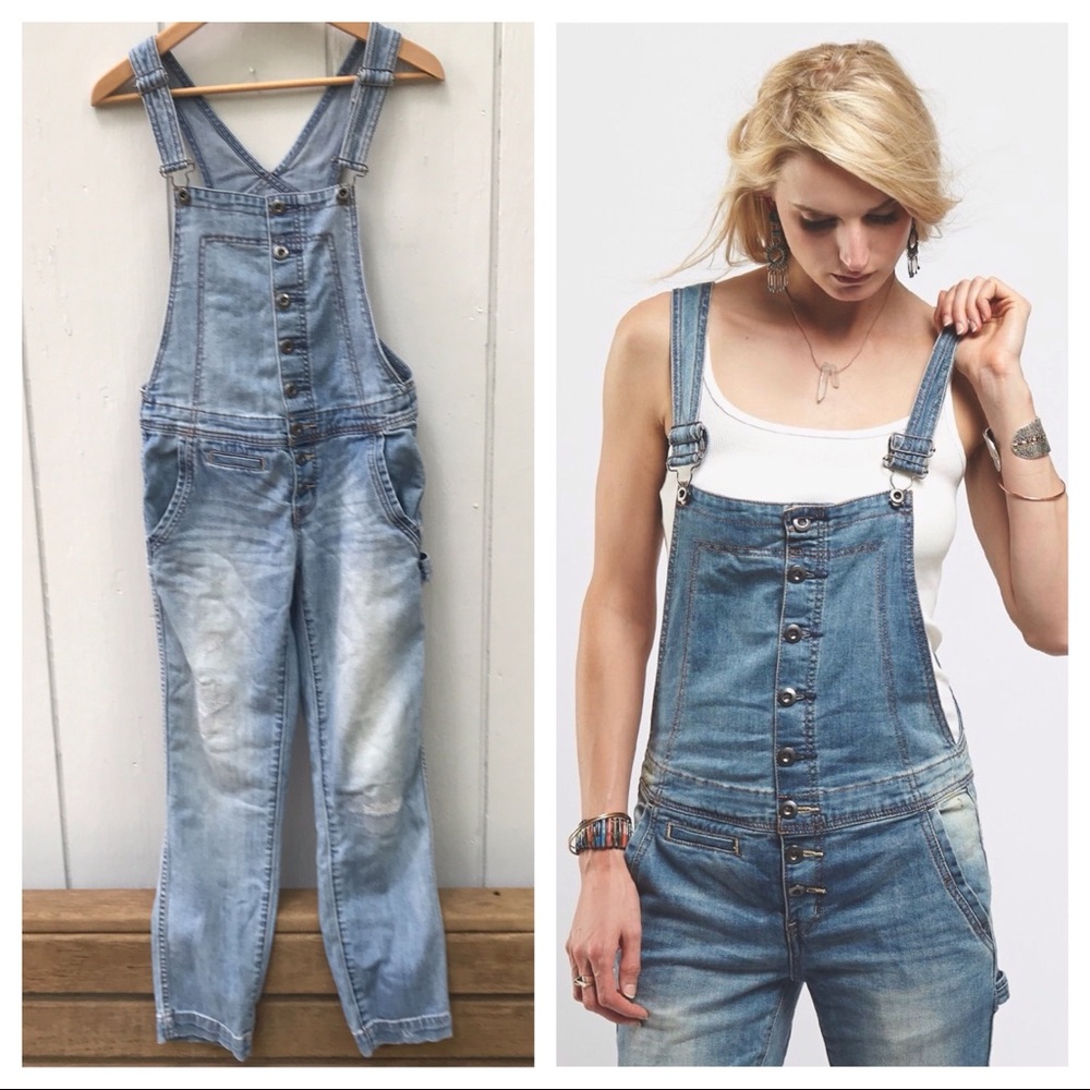 Free People Button Front Denim Carpenter Overalls